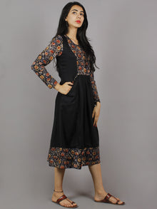 Black Maroon Blue Hand Block Printed Cotton & Rayon Midi Dress With Side Pockets - D3559501