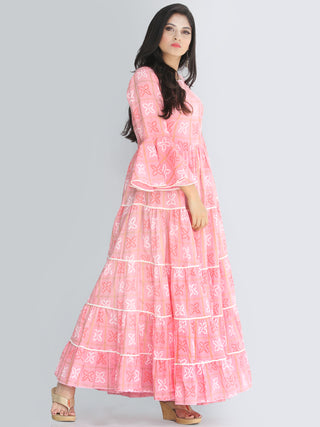 Maira - Pink Bandhani Printed Tier Long Dress With Lace Insert - D407F2205