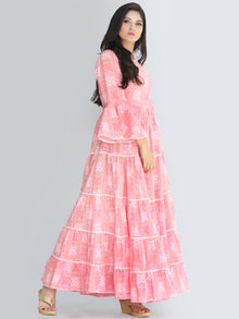 Maira - Pink Bandhani Printed Tier Long Dress With Lace Insert - D407F2205