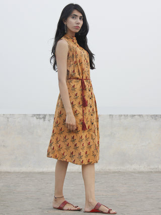 Mustard Yellow Rust Green Hand Blocked Cotton Dress With Tie Up Waist  - D160F1000