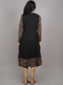 Black Maroon Blue Hand Block Printed Cotton & Rayon Midi Dress With Side Pockets - D3559501