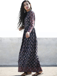 Indigo Plum Hand Block Printed Cotton Long Dress With Stand Collar - D194F1222