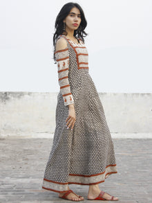 Naaz Beige Black Maroon Hand Block Printed Dress With Cold Shoulder  -  DS35F001