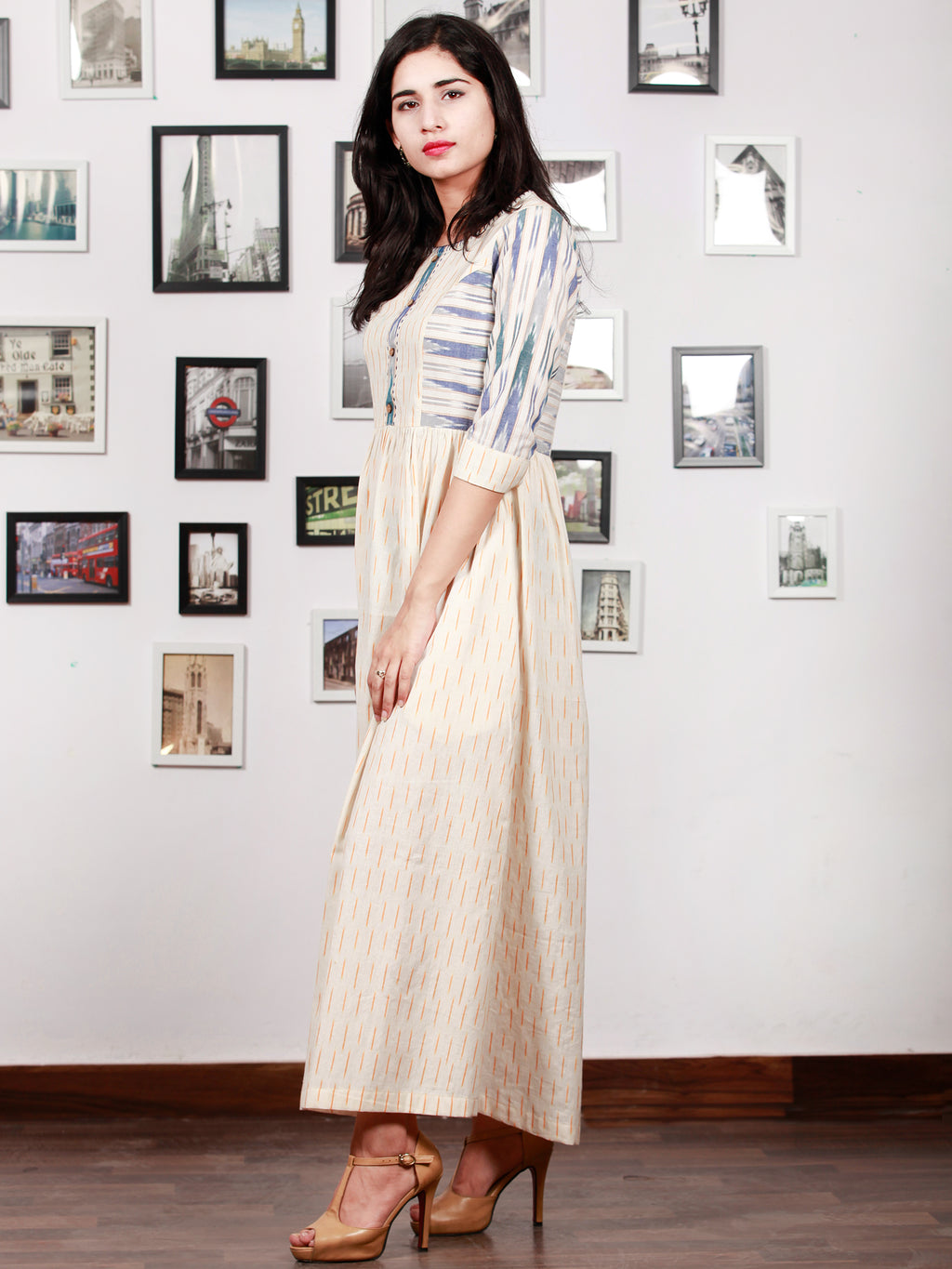 Off White Mustard Blue Grey Handwoven Ikat Princess Cut Dress With Emb –  InduBindu