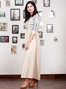 Off White Mustard Blue Grey Handwoven Ikat Princess Cut Dress With Embroidered Neck & Side Pocket-  D304F1470