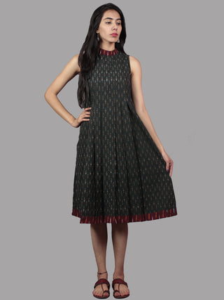 Green Maroon Mustard Ivory Handwoven Ikat Cotton Sleeveless Dress With Stand Collar With Pleats - D5366701