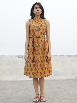 Mustard Yellow Rust Green Hand Blocked Cotton Dress With Tie Up Waist  - D160F1000