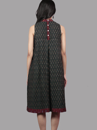 Green Maroon Mustard Ivory Handwoven Ikat Cotton Sleeveless Dress With Stand Collar With Pleats - D5366701