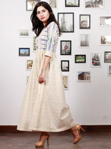 Off White Mustard Blue Grey Handwoven Ikat Princess Cut Dress With Embroidered Neck & Side Pocket-  D304F1470