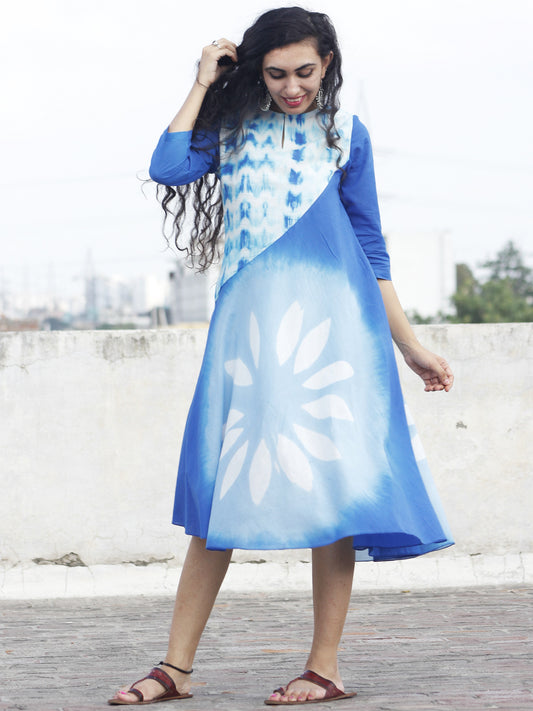 Naaz Blue White Hand Block Printed & Tie Dye Calf Length Dress with 3/4 Sleeves  - DS28F001