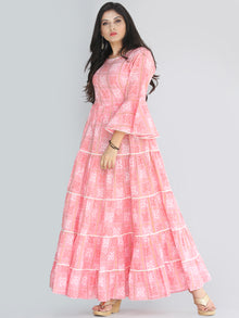 Maira - Pink Bandhani Printed Tier Long Dress With Lace Insert - D407F2205