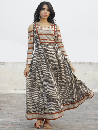 Naaz Beige Black Maroon Hand Block Printed Dress With Cold Shoulder  -  DS35F001