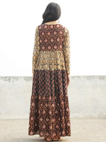 Black Maroon Mustard Orange Ivory  Hand Block Printed Tier Dress  -  D95F892