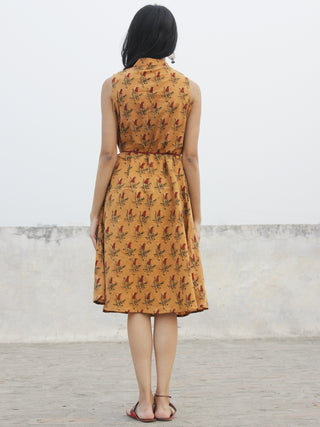 Mustard Yellow Rust Green Hand Blocked Cotton Dress With Tie Up Waist  - D160F1000