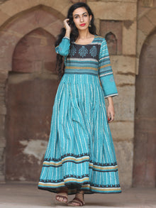 Naaz Block Heritage - Hand Block Printed Long Cotton Pleated Flare Dress - DS68F001