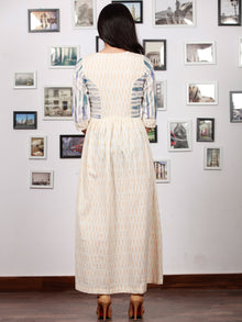 Off White Mustard Blue Grey Handwoven Ikat Princess Cut Dress With Embroidered Neck & Side Pocket-  D304F1470