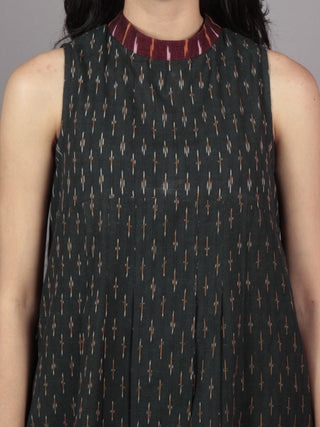 Green Maroon Mustard Ivory Handwoven Ikat Cotton Sleeveless Dress With Stand Collar With Pleats - D5366701