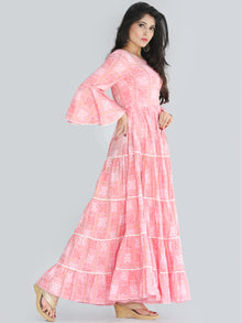 Maira - Pink Bandhani Printed Tier Long Dress With Lace Insert - D407F2205