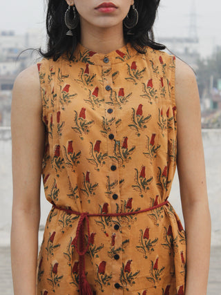 Mustard Yellow Rust Green Hand Blocked Cotton Dress With Tie Up Waist  - D160F1000