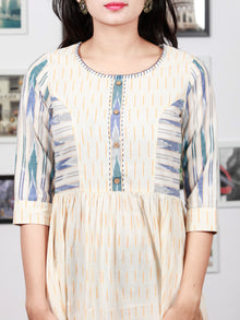 Off White Mustard Blue Grey Handwoven Ikat Princess Cut Dress With Embroidered Neck & Side Pocket-  D304F1470