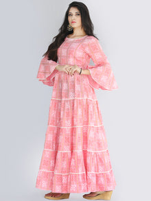 Maira - Pink Bandhani Printed Tier Long Dress With Lace Insert - D407F2205