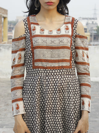 Naaz Beige Black Maroon Hand Block Printed Dress With Cold Shoulder  -  DS35F001