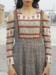 Naaz Beige Black Maroon Hand Block Printed Dress With Cold Shoulder  -  DS35F001