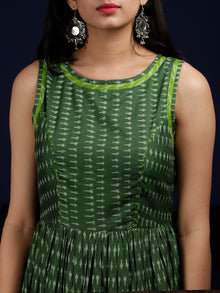 Green Ivory Handloom Mercerised Ikat Long Cotton Asymmetric Sleeveless Dress - D311F1281