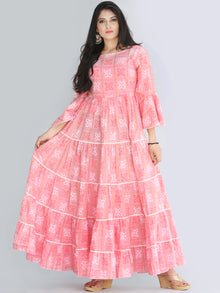 Maira - Pink Bandhani Printed Tier Long Dress With Lace Insert - D407F2205