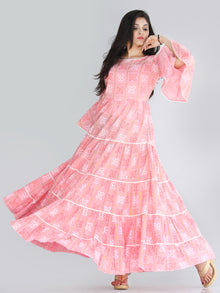 Maira - Pink Bandhani Printed Tier Long Dress With Lace Insert - D407F2205