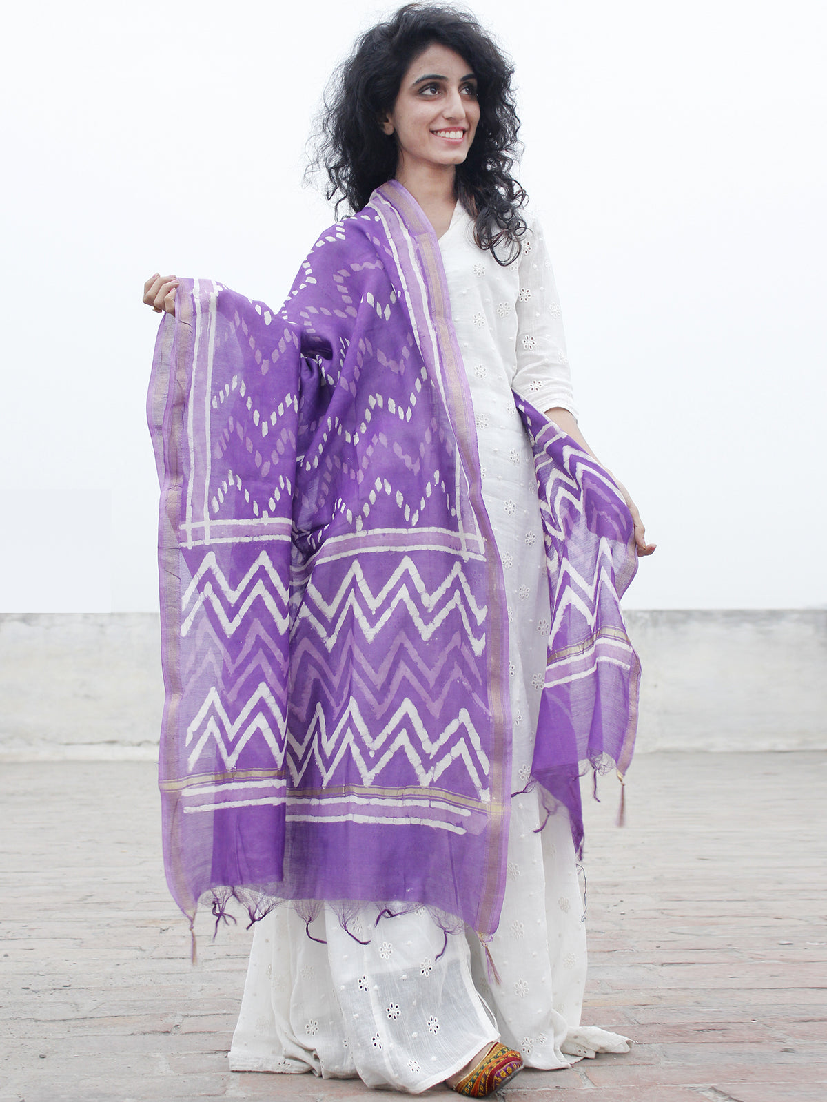 Purple White Chanderi Hand Black Printed & Hand Painted Dupatta - D04170289