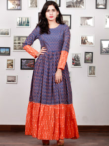 Royal Blue Orange Hand Woven Cotton Mercerized  Ikat Princess Cut Cotton Long Tier Dress - D175F1276