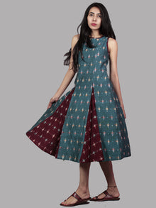 Turquoise Maroon Ivory Handwoven Double Ikat Cotton Sleeveless Dress With Side Pockets  - D5565901