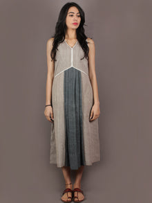 Beige Grey Ivory Hand Block Printed Pleated Cotton Dress With Lace Details - D1125001