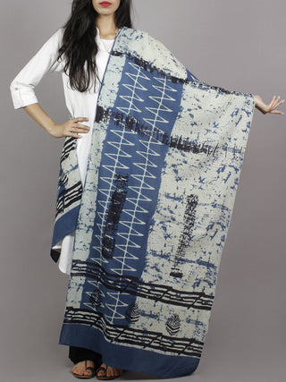 Indigo Ivory Black Grey Mughal Nakashi Ajrakh Hand Block Printed Cotton Stole - S63170168