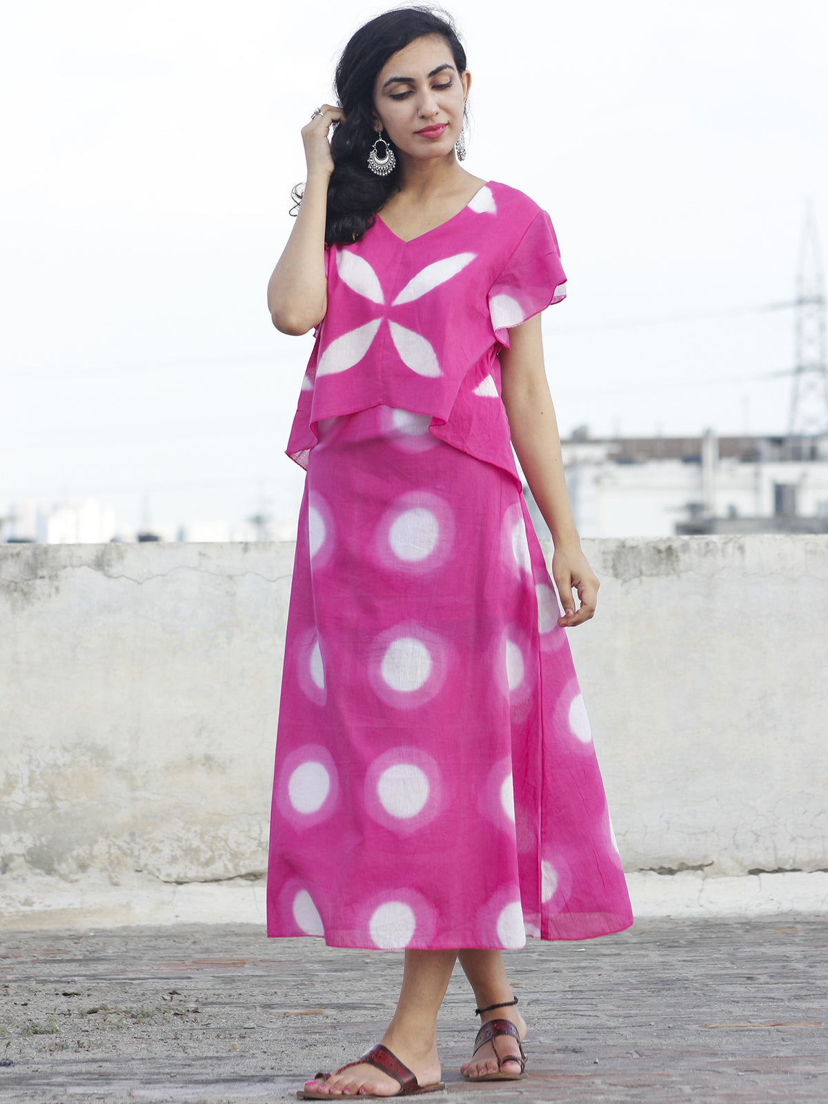 Naaz Dark Pink White Tie Dye Calf Length Dress With Ruffle Sleeves - DS20F001