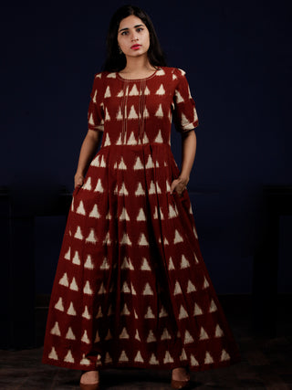 Reddish Brown Ivory Long Ikat Knife Pleated Dress With Side Pockets - D312F1564