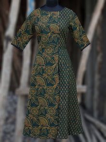 Green Black Yellow Orange Ajrakh Hand Block Printed Kurta With Front Slit - K61BP066