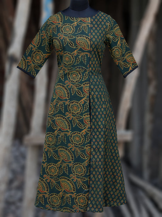 Green Black Yellow Orange Ajrakh Hand Block Printed Kurta With Front Slit - K61BP066
