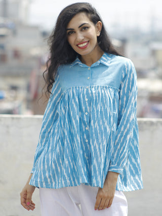 Sky Blue White Hand Woven Ikat Front Open Top  - T20F914