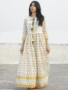 Naaz Ivory Orange Green Yellow Hand Block Printed Dress With Tassels -  DS37F001