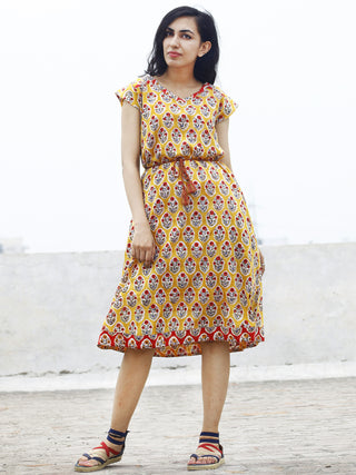 Yellow Red Ivory Blue Green Hand Block Cotton A-Line Dress With Tie-Up Waist And Side Pockets- D76F776
