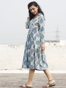 Teal Ivory Hand Block Printed Cotton Angrakha Dress With Gathers - D94F389