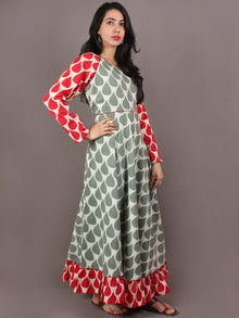 Sage Green Red Beige Hand Block Printed Long Cotton Dress With Gather - D0648713