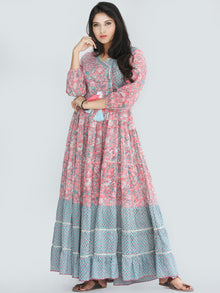 Gulzar Nohreen - Coral Hand Block Printed Tiered Long Angrakha Dress With Lace & Tassels - D409F2168