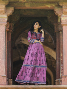 Naaz Lavender Chorus - Hand Block Printed Long Cotton Tier Dress - DS69F001