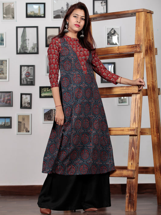 Red Indigo Black Ajrakh Hand Block Printed Kurta  - K68BP0143