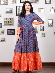 Royal Blue Orange Hand Woven Cotton Mercerized  Ikat Princess Cut Cotton Long Tier Dress - D175F1276