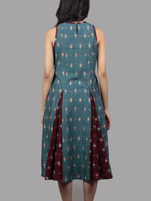 Turquoise Maroon Ivory Handwoven Double Ikat Cotton Sleeveless Dress With Side Pockets  - D5565901