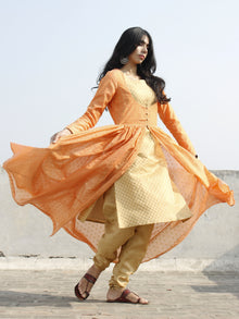 Peach Golden Two Piece Brocade And Chanderi  Kurta (Set of 2) - D129F001